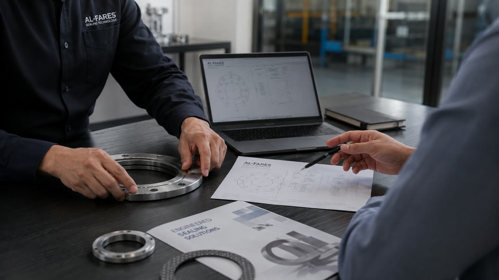 An Al-Fares engineer and a customer reviewing a flange and its dimensioned drawing together across a desk
