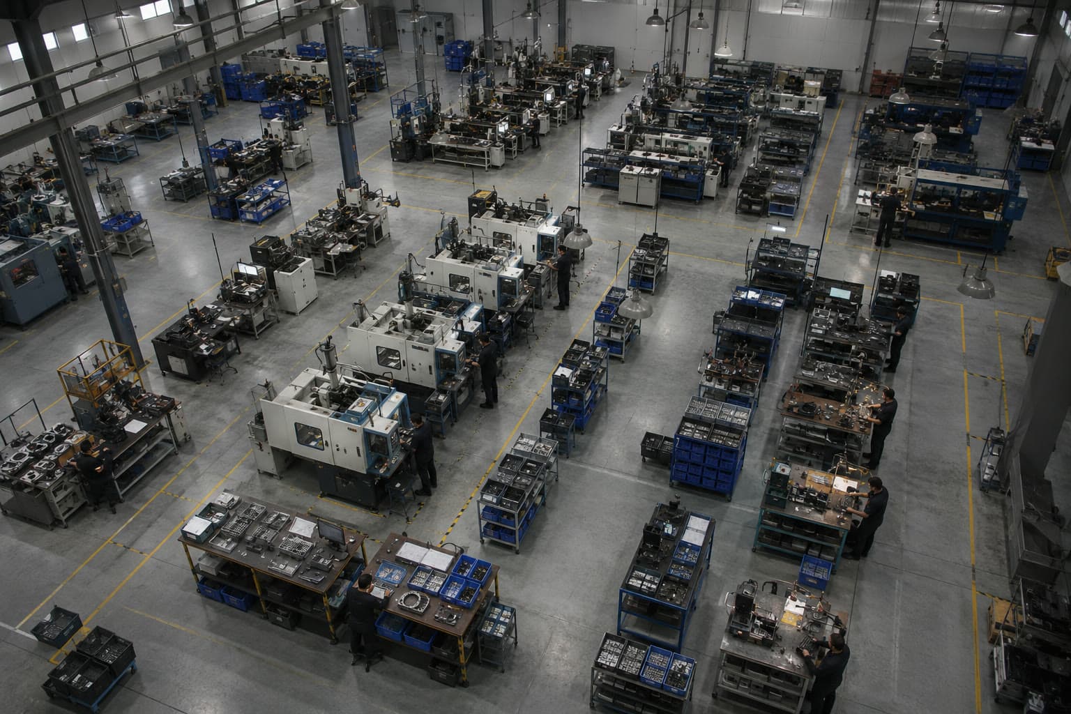 The Al-Fares production hall seen from above, machines and benches working across the full floor